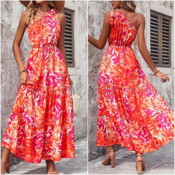 Boho Floral Print One Shoulder Ruffle Maxi Dress - Picture 3 of 6